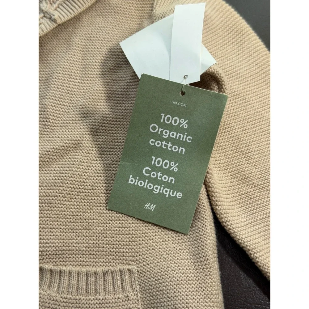 HM Baby Beige Organic Cotton Knit Hooded Cardigan Sweater Bear Ears 9M 1160413